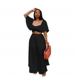 Black Low Cut Short Sleeve Crop Tops Wide Leg Chiffon Long Pants Jumpsuit