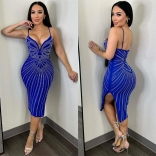 Blue Deep V Neck Straps Rhinestone Bodycon Party Prom Midi Dress