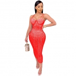 Red Rhinestones Straps Mesh Sexy Women Bodycon Midi Party Dress