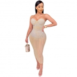 Beige Rhinestones Straps Mesh Sexy Women Bodycon Midi Party Dress