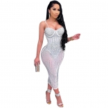 White Rhinestones Straps Mesh Sexy Women Bodycon Midi Party Dress