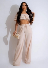 Beige Off Shoulder Ruffles Crop Top Pleated Women Two Pieces Pant Set