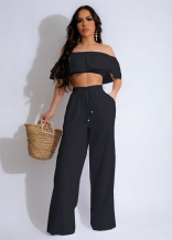 Black Off Shoulder Ruffles Crop Top Pleated Women Two Pieces Pant Set