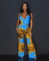 Blue Deep V Neck Sleeveless Printed Fashion Jumpsuit Dress