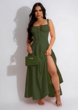 Green Halter Boat Neck Pleated Wonen Casual Slit Skirt Dress