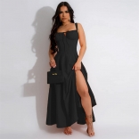 Black Halter Boat Neck Pleated Wonen Casual Slit Skirt Dress