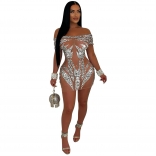 Khaki Off Shoulder Mesh Rhinestones Sexy Party Mini Dress