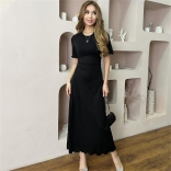 Black Short Sleeve Striped Pleated Women O Neck Prom Long Dress