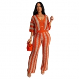 Orange Short Sleeve Deep V Neck Knitting Hollow Casual Two Pieces Pant Sets