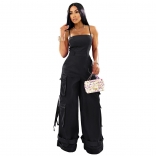 Black Off Shoulder Strapless Pocket Wide Leg Cargo Jumpsuits