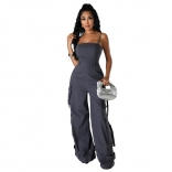 Gray Off Shoulder Strapless Pocket Wide Leg Cargo Jumpsuits