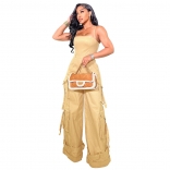 Yellow Off Shoulder Strapless Pocket Wide Leg Cargo Jumpsuits