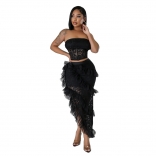 Black Off Shoulder Strapless Crop Top Irregular Sexy Women Skirt Dress