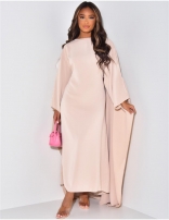 Pink Long Sleeve O Neck Shawl Sleeve Casual Loose Fit Midi Dress