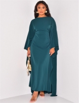 Dark Green Long Sleeve O Neck Shawl Sleeve Casual Loose Fit Midi Dress