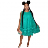 Green Mesh Women Lining A Line Skirt Dress