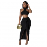 Black Sleeveless Crop Top Pleated Women Bandage Formal Midi Dress