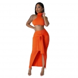 Orange Sleeveless Crop Top Pleated Women Bandage Formal Midi Dress