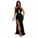 Black Sleeveless Halter Deep V Neck Pearls Sexy Club Prom Maxi Dress