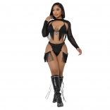 Black Mesh Long Sleeve Tassels Sexy Bra & Brief Sets