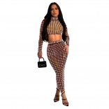 Beige Two Pieces Long Sleeve Diamonds Crop Top Bodycon Mesh Prom Midi Dress