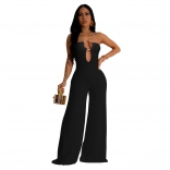 Black Off Shoulder Deep V Neck Bodycons Wide Leg Women Jumpsuit