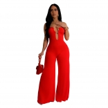 Red Off Shoulder Deep V Neck Bodycons Wide Leg Women Jumpsuit