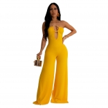 Yellow Off Shoulder Deep V Neck Bodycons Wide Leg Women Jumpsuit