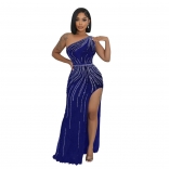 Blue Elegant Women Rhinestones Mesh Sexy Slit Prom Party