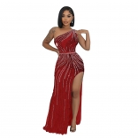 Red Elegant Women Rhinestones Mesh Sexy Slit Prom Party