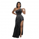 Black Elegant Women Rhinestones Mesh Sexy Slit Prom Party