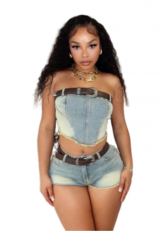 Light Blue Off Shoulder Twoo Pieces Denim Short Sets