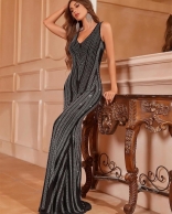 Black Elegant Sleeveless Deep V Neck Rhinrestone Bodycon Evening Prom Dress