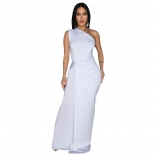 White One Shoulder Pleated Women Casual Formal Gown Long Dress