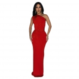 Red One Shoulder Pleated Women Casual Formal Gown Long Dress