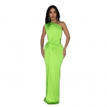 Green One Shoulder Pleated Women Casual Formal Gown Long Dress