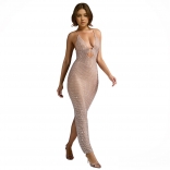 Beige Straps Low Cut V Neck Diamonds Bodycon Mesh Midi Dress