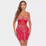 Red Off Shoulder Halter Sexy Mesh Rhinestone Bodycon Mini Dress