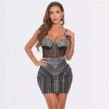 Black Off Shoulder Halter Sexy Mesh Rhinestone Bodycon Mini Dress