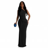 Black Sleeveless One Shoulder Women Evening Party Prom Pleated Long Dress