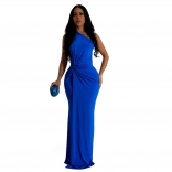 Blue Sleeveless One Shoulder Women Evening Party Prom Pleated Long Dress