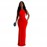 Red Sleeveless One Shoulder Women Evening Party Prom Pleated Long Dress