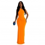 Orange Sleeveless One Shoulder Women Evening Party Prom Pleated Long Dress