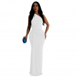 White Sleeveless One Shoulder Women Evening Party Prom Pleated Long Dress