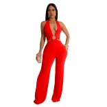 Red Halter Deep V Neck Velvet Hollow Out Women Wide Leg Jumpsuit Dress