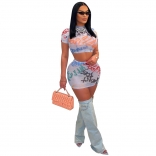 Blue Mesh Sexy Printed Two Pieces Women Skirt Sets Dress