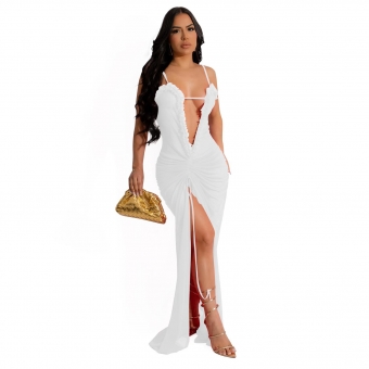 White Mesh Sleeveless Deep V Neck Sexy Party Pleated Maxi Dress