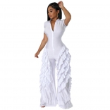 White Short Sleeve Button Neck Ruffles Pleated Women Jumpsuits