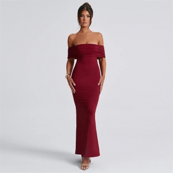 Red Off Shoulder Pleated Boat Neck Women Elegant Prom Maxi Dress