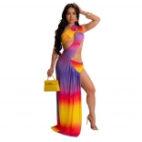 Yellow Sleeveless Printed Hollow Out Bandage Women Sexy Club Long Dress